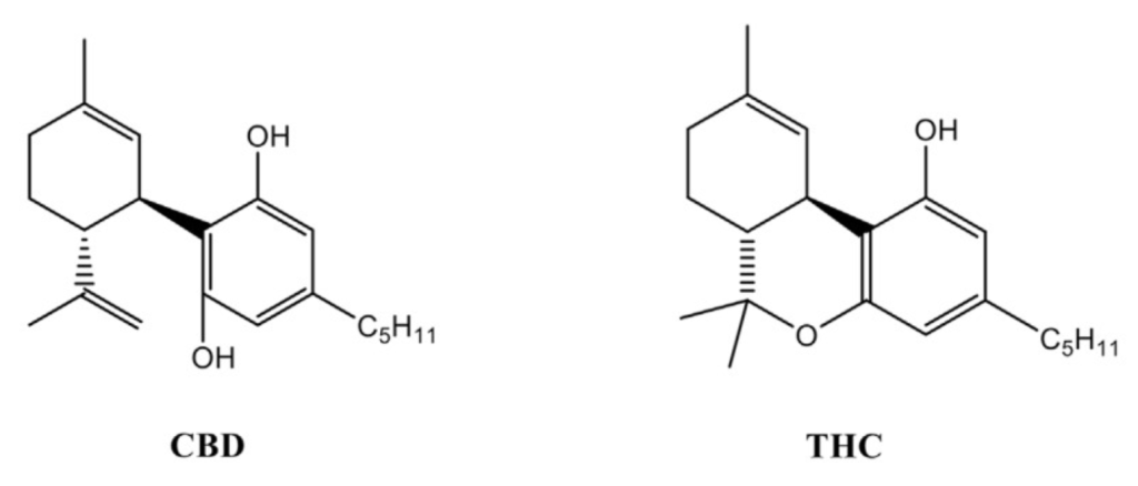 chemical structures showing the differences between cbd & thc
